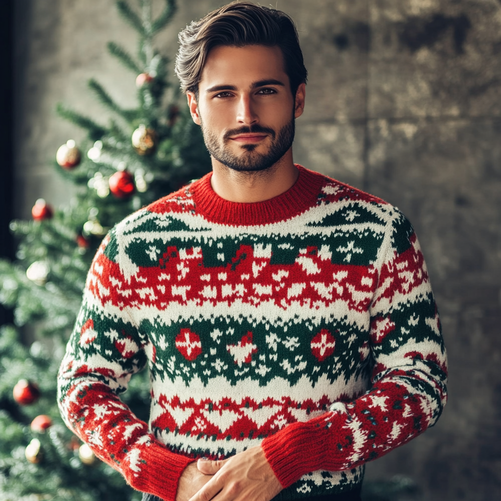 a handsome man in an ugly Christmas sweater