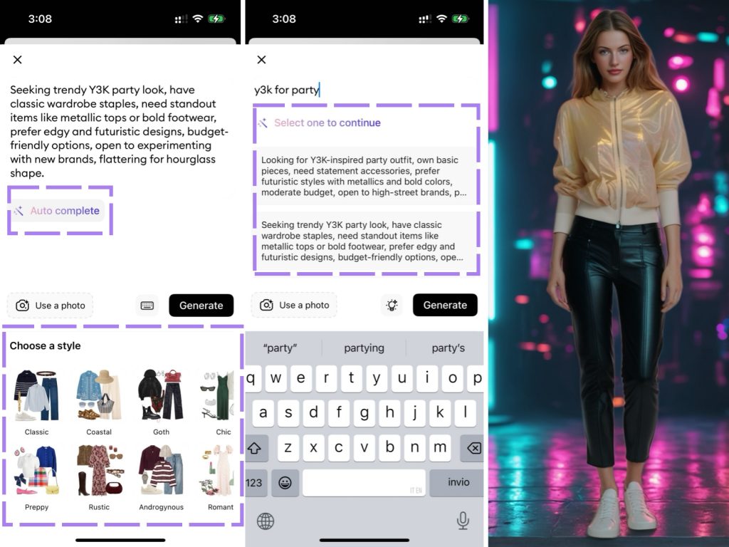 What’s new in 1.7:Ask for outfits without overthinking
Not sure how to describe your style? Gensmo now gives you smarter ways to start—through photos, keywords, or just vibes. Your AI stylist offers suggestions to help shape your request.