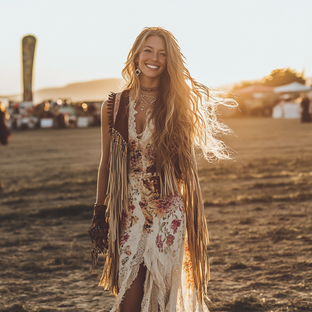 A boho-chic model in a floral maxi dress