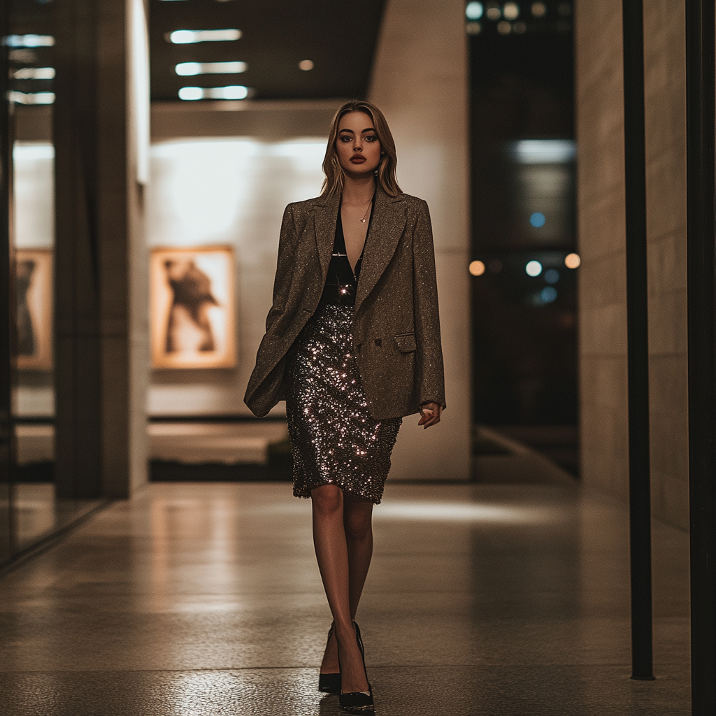 A fashion-forward woman in chic skirt and tailored blazer