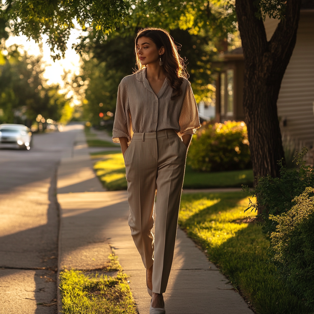 A fashionable woman in a transitional outfit