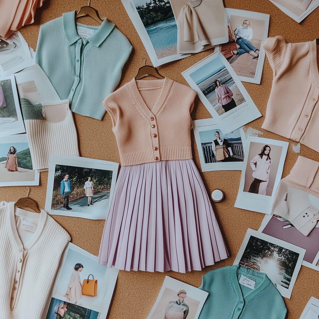 flatlay Polaroid moodboard Pinterest preppy outfits pastel polos pleated skirts sweater vests loafers pinned corkboard