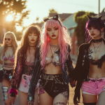 group of friends in kawaii outfits pastel goth street style suburban golden hour fashion