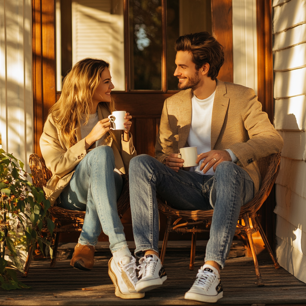 A young couple in casual chic outfits