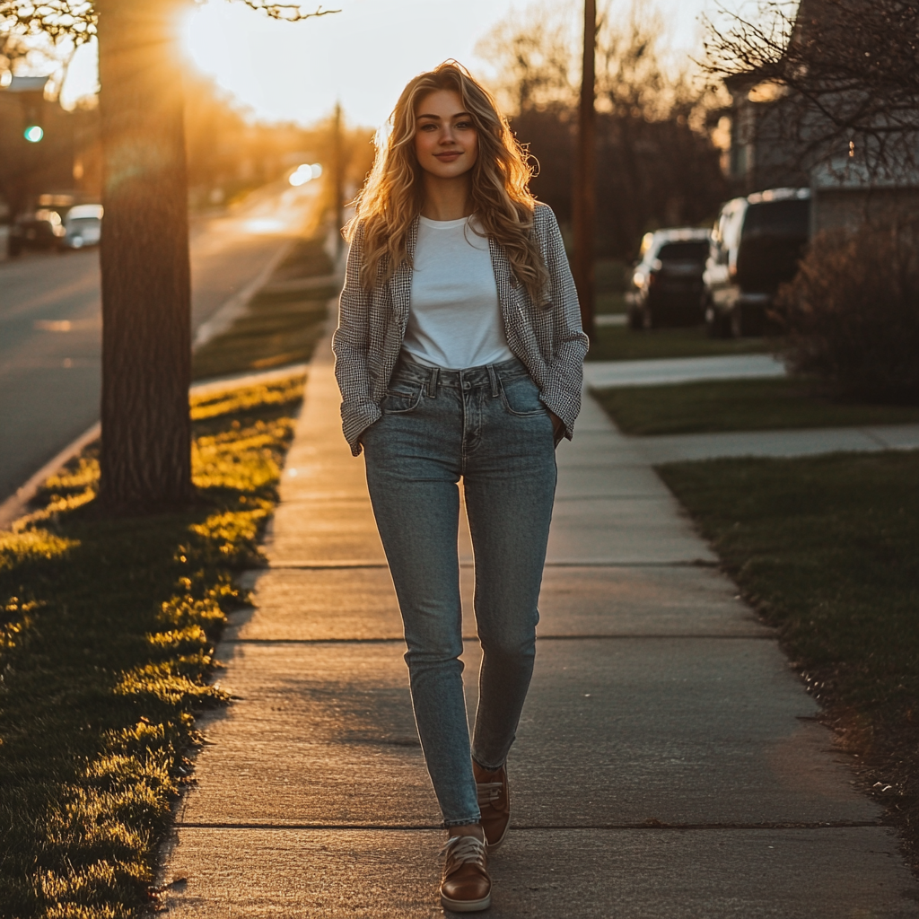 young woman on sidewalk white tee mid-rise jeans tailored blazer loafers casual preppy aesthetic golden hour