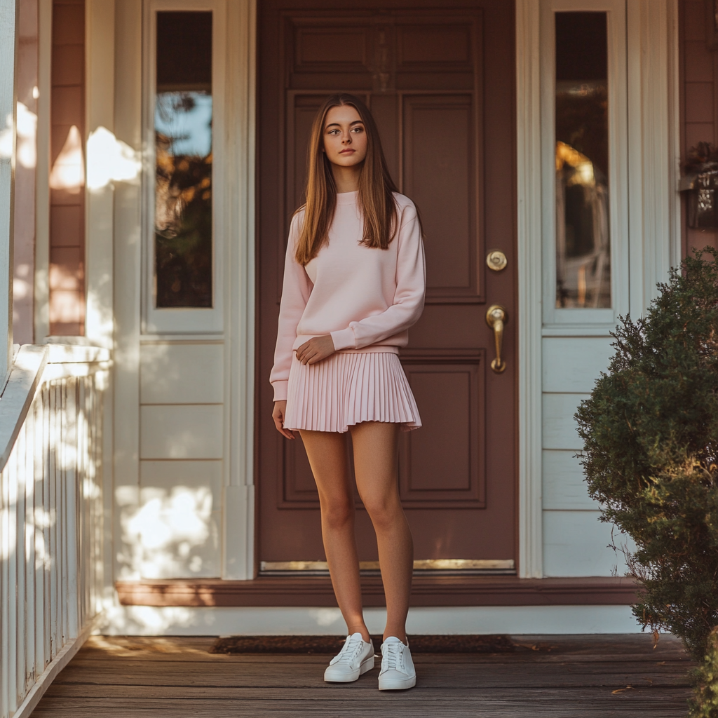 young woman wearing blush-pink sweater pleated skirt white loafers preppy outfits aesthetic front porch golden hour