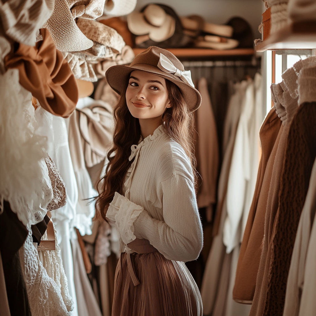 Coquette outfits: Model mixing bows, hats, and skirts in a closet under natural window light