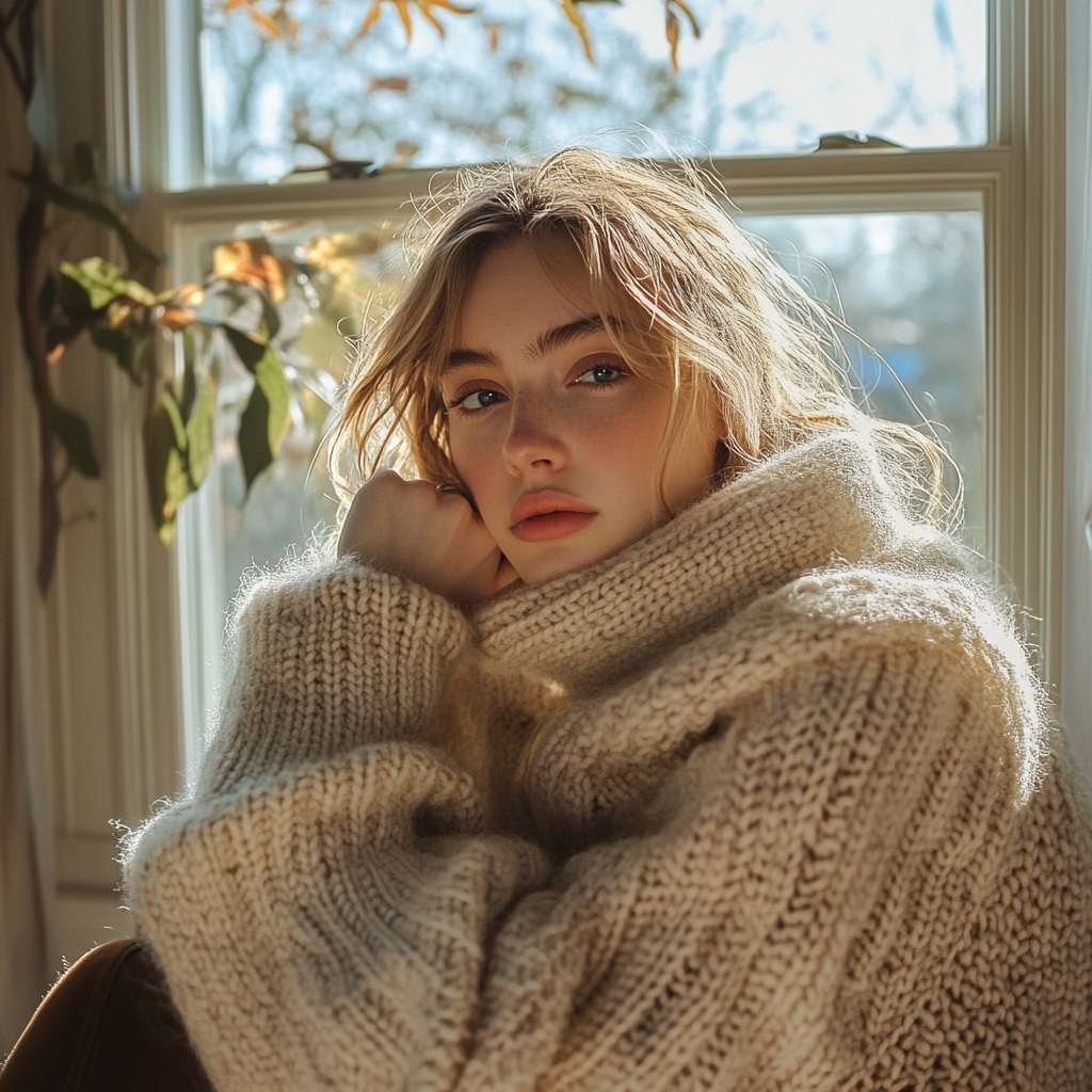 winter kawaii outfit chunky knit sweater scarf home window natural light
