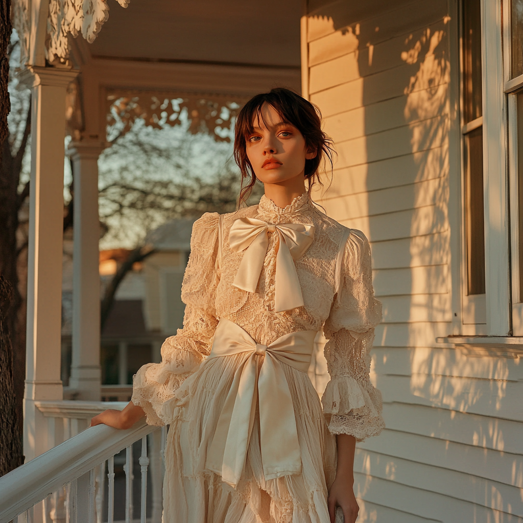 kawaii outfit bow dress porch golden hour editorial