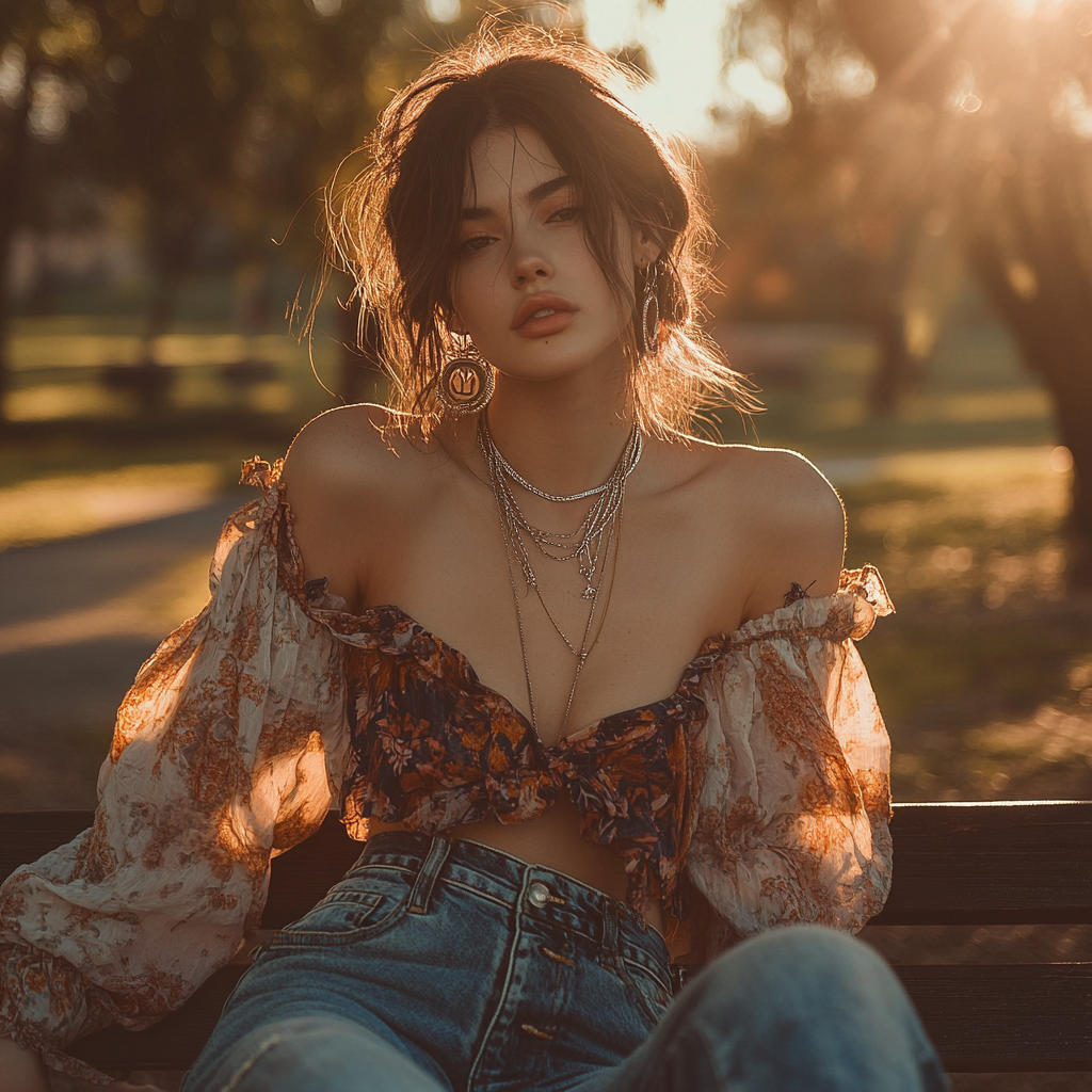 Woman in boho blouse and high-waist denim sitting on a park bench at golden hour