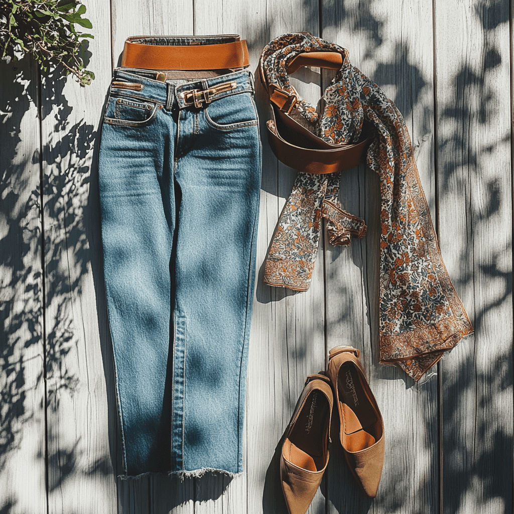 Flat lay of 70s essentials including flare jeans, wide belts, scarves, and platform shoes on wooden deck