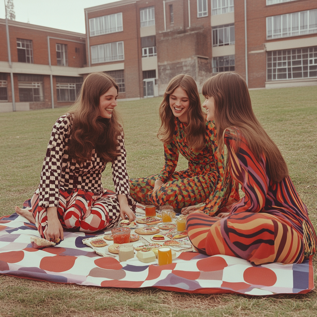 Group wearing bold 70s prints at a picnic in a school courtyard at dusk