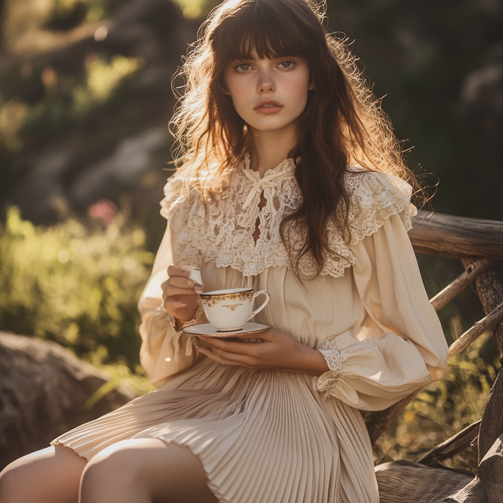 Model wearing lace-trim blouse and pleated mini skirt at an outdoor tea party table