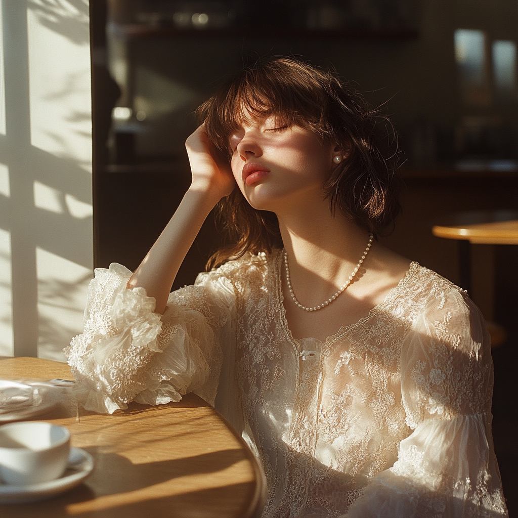 Model in an embroidered dress with pearl accessories sitting in a café by a window