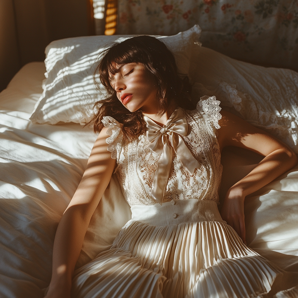Coquette outfits: Model arranging lace blouse, pleated skirt, and satin bows on a bed in morning light