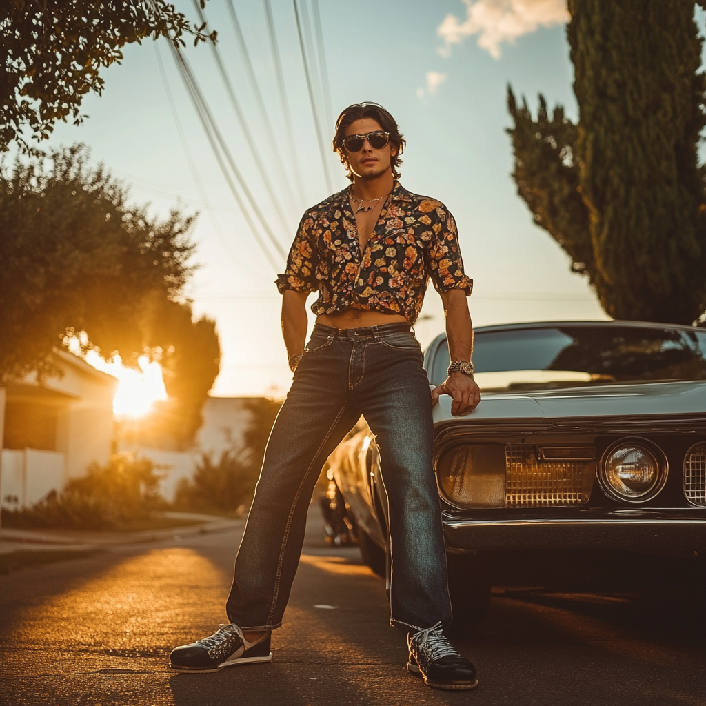Man wearing bell-bottom jeans and a printed shirt leaning on a vintage car at sunset