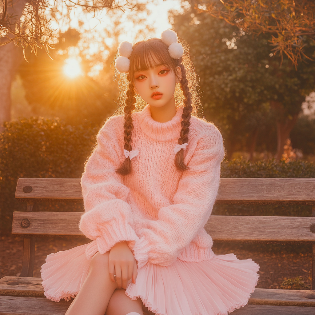 pastel kawaii outfit cotton candy sweater pleated skirt park sunset