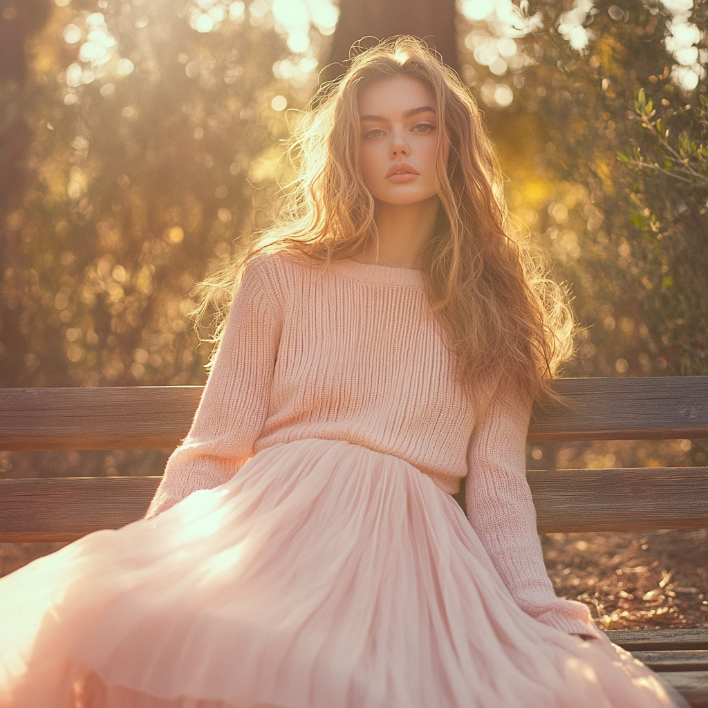 Model seated on a park bench wearing a pink sweater and chiffon skirt in afternoon light