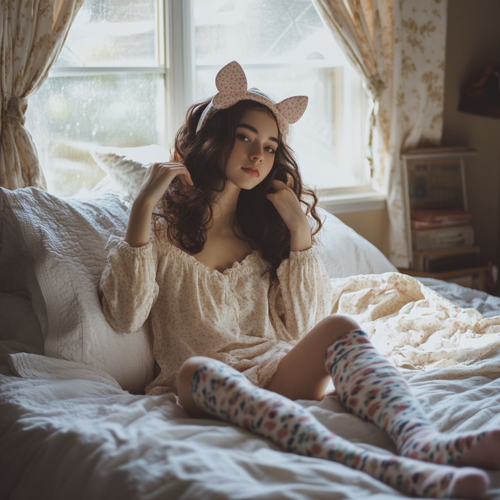 character kawaii outfit kitty ears patterned socks bedroom natural light