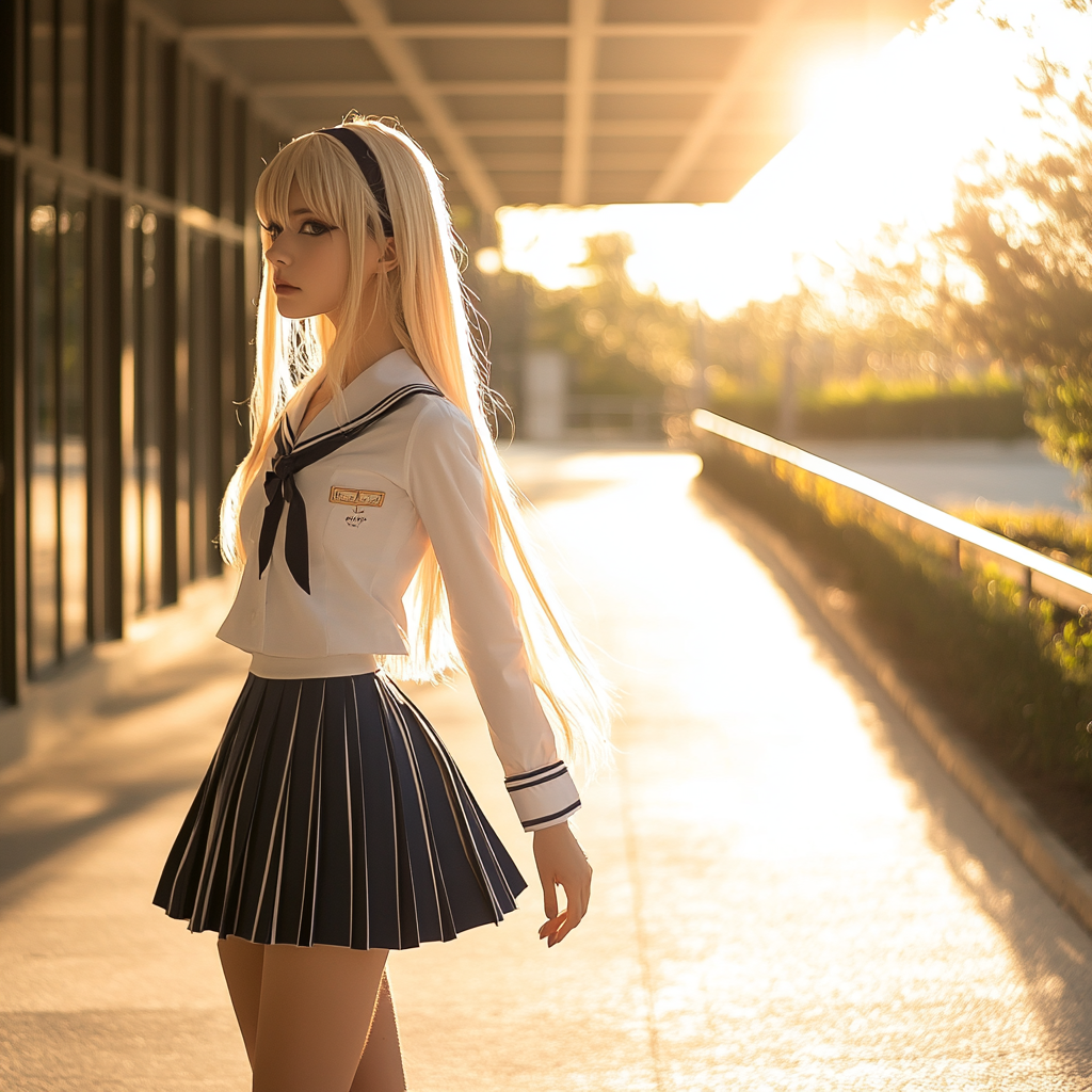 anime kawaii outfit school uniform pleated skirt campus sunset