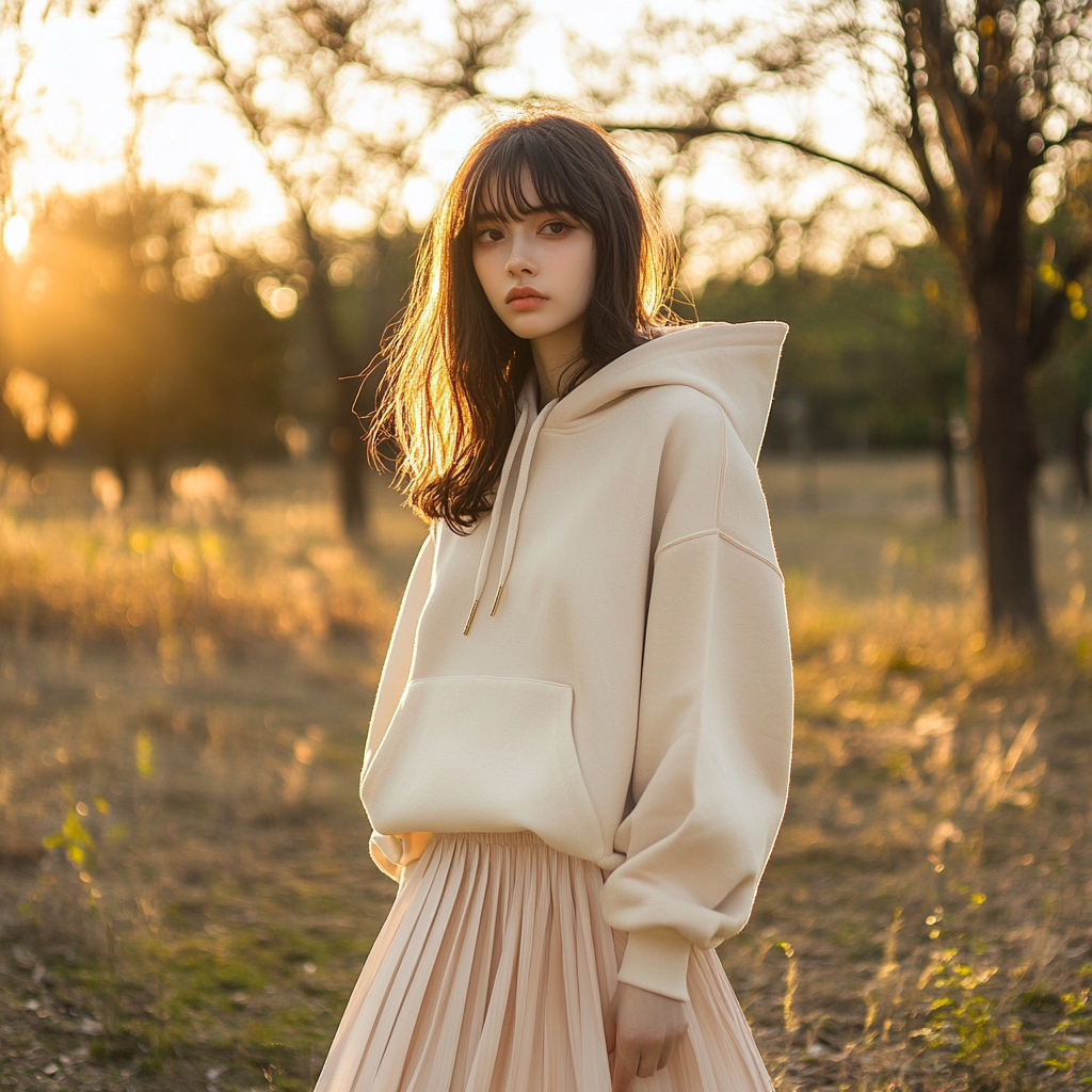 model in pastel kawaii outfit hoodie pleated skirt park sunset lifestyle photo