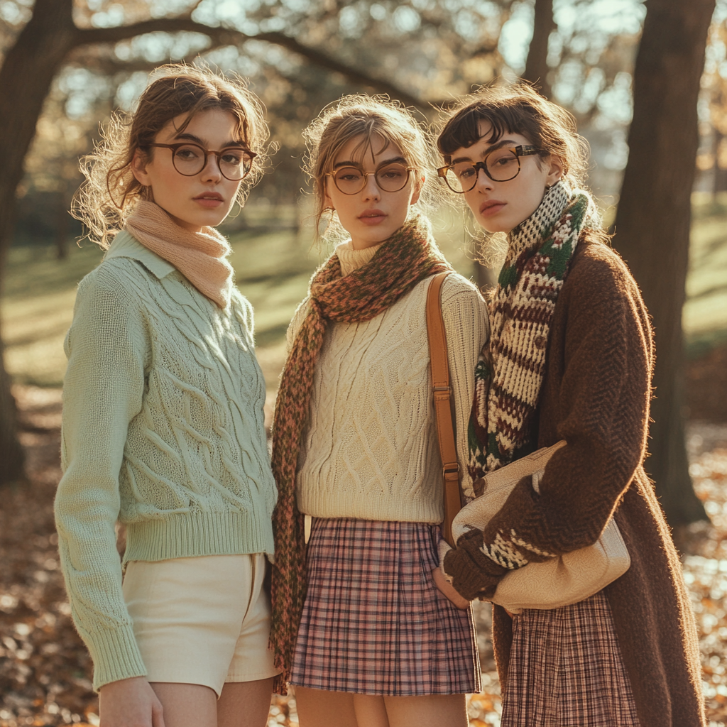 models in pastel polo linen shorts sweater vest plaid skirt wool coat scarf preppy outfits every season park natural light