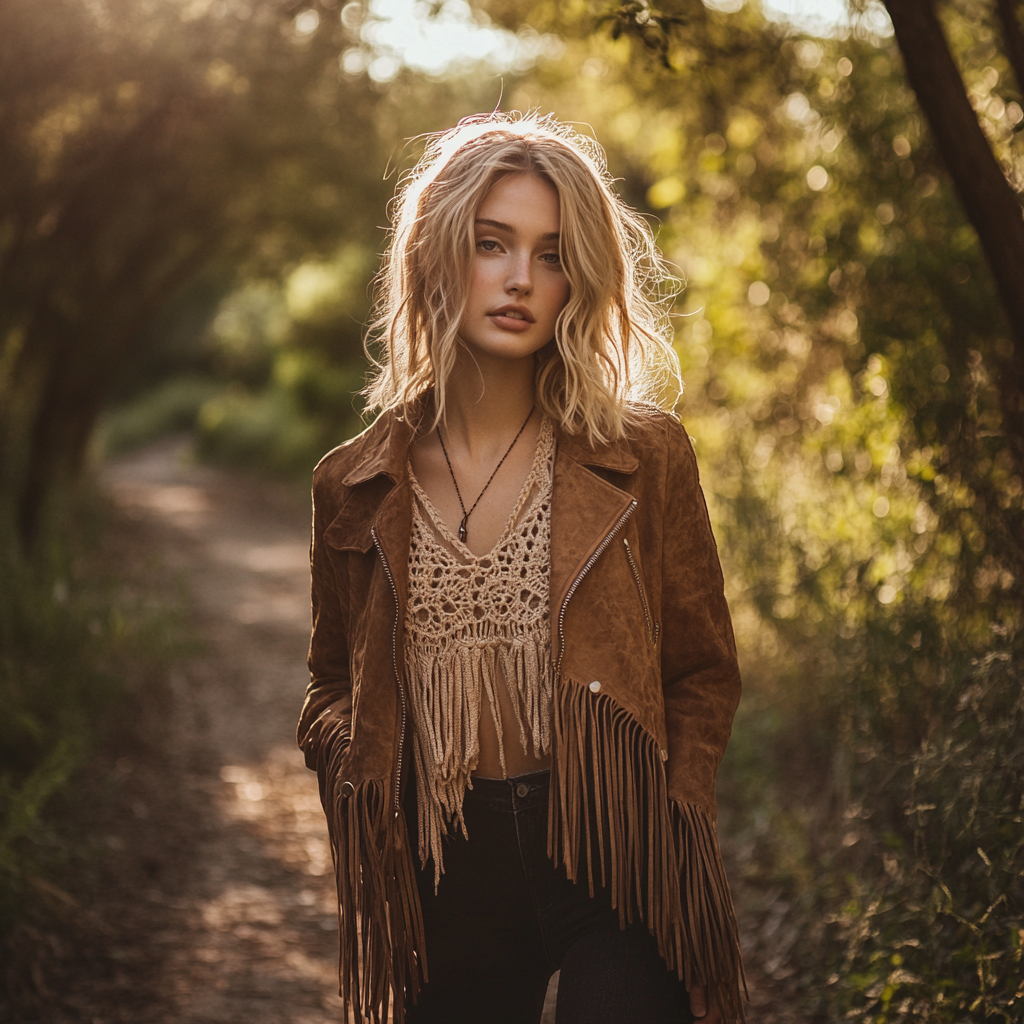Woman in a suede fringe jacket and crochet top in a wooded park at golden hour