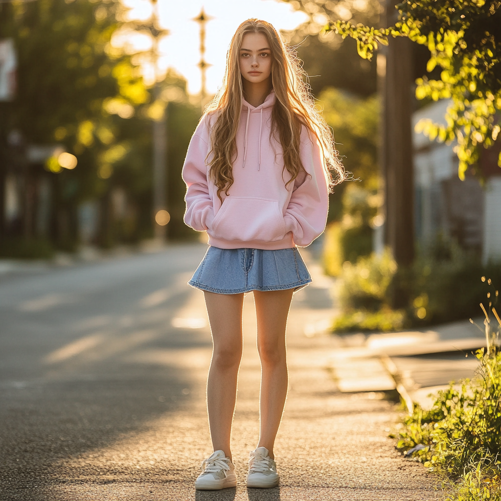 casual kawaii outfit pastel hoodie denim skirt sneakers suburban sunset