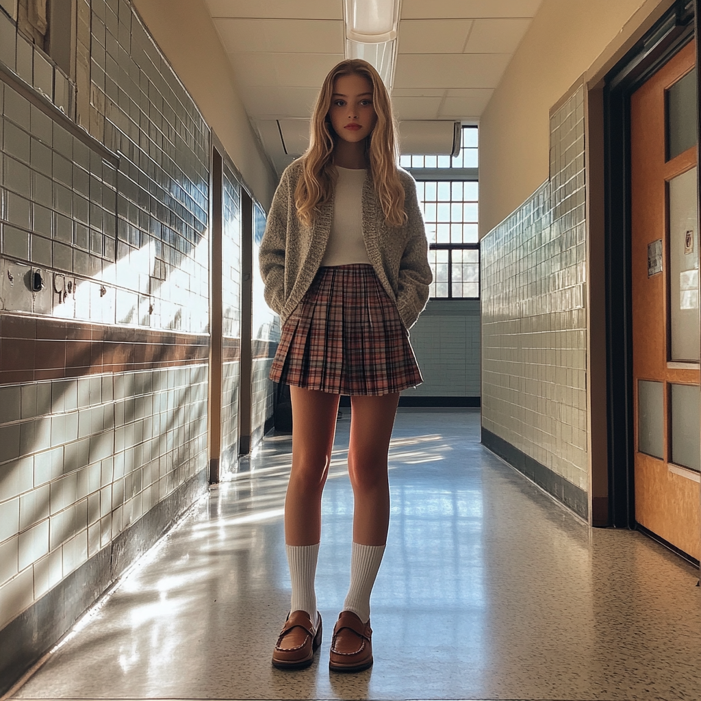 teenage girl in school hallway wearing plaid skirt knee-high socks loafers cardigan preppy school outfit natural light