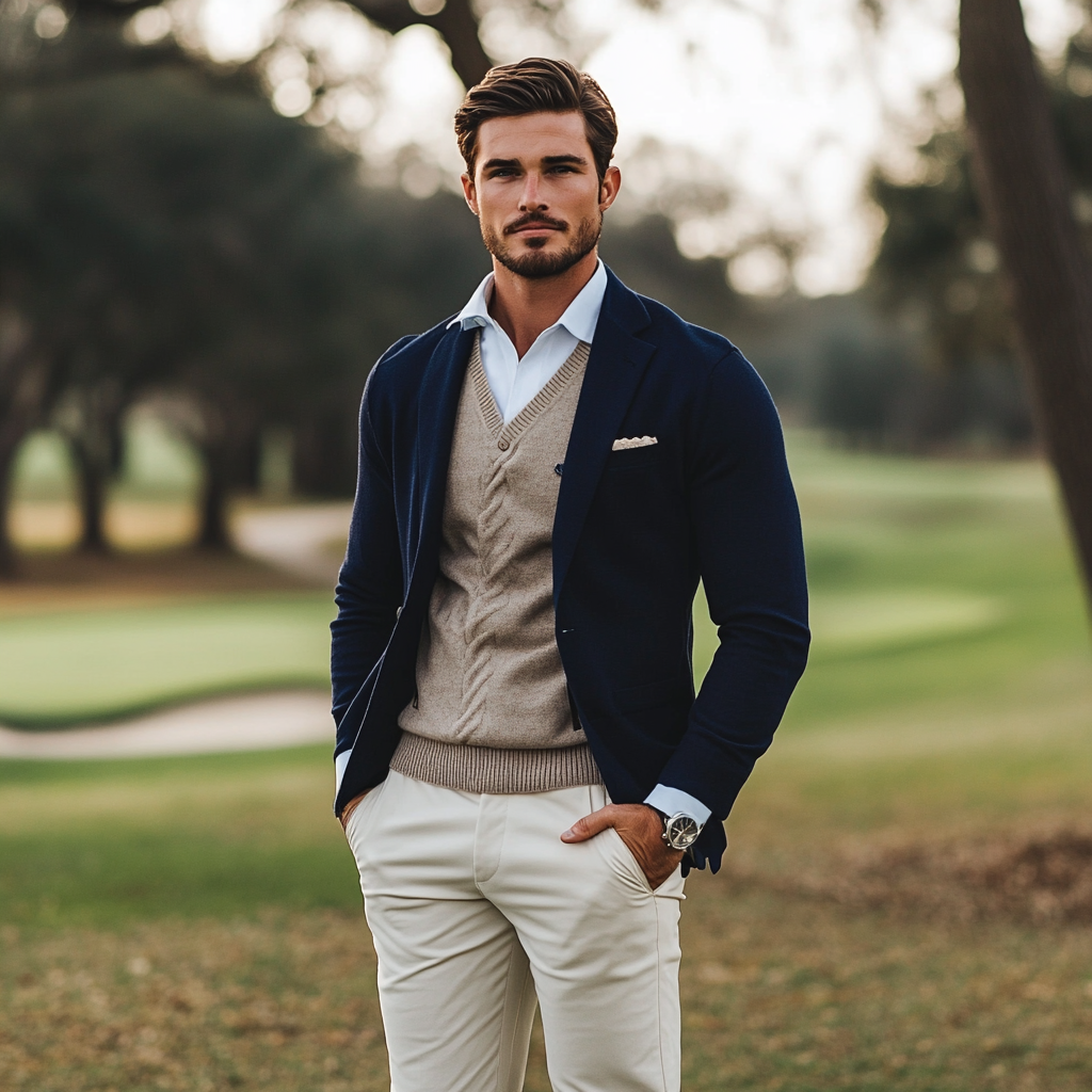 young man by golf course wearing navy blazer sweater vest chinos boat shoes preppy outfits for men natural light