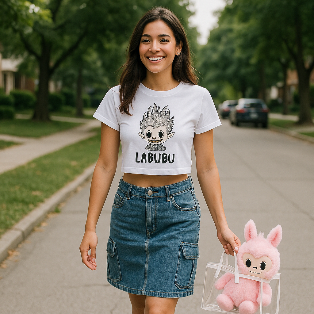stylish woman walking at sunset with a pink Labubu plush in a clear bag and a laid-back street-style outfit