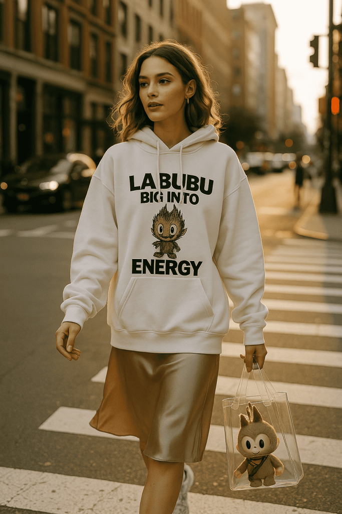 model wearing Labubu hoodie and slip dress with real Labubu keychain
